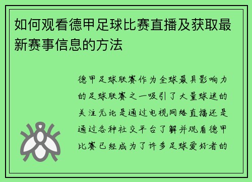 如何观看德甲足球比赛直播及获取最新赛事信息的方法